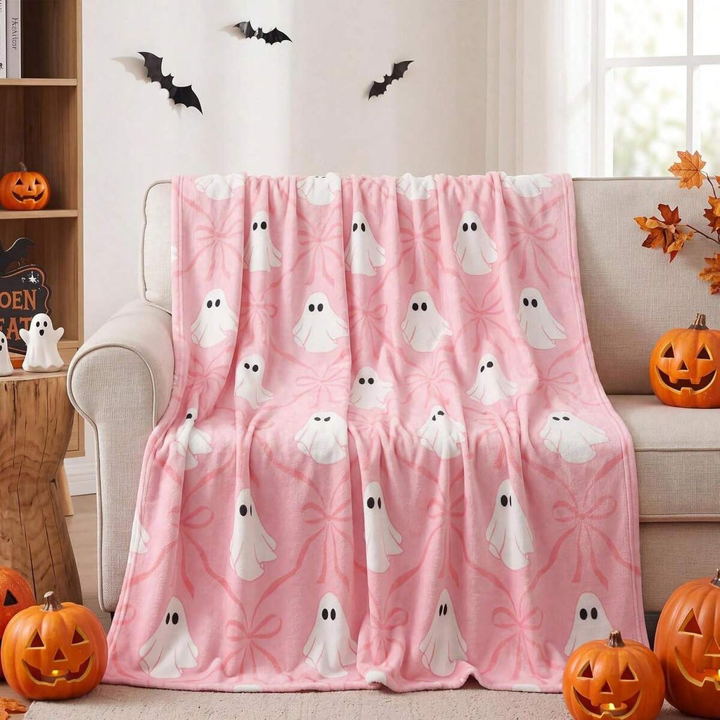 Halloween Ghost Fuzzy Blanket Black White Cute Ghost Boo Throw Blanket Soft Cozy Flannel Blankets For Party Home Bed Sofa Couch Halloween Gift Home Decor