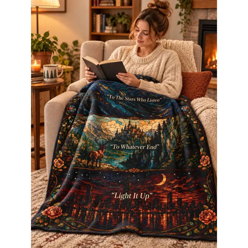 SJM Universe Mashup Throw Blanket - Bookish Gifts for Fantasy Readers - ACOTAR Throne of Glass Crescent City Merch - To The Stars Who Listen Quote Fleece Blanket
