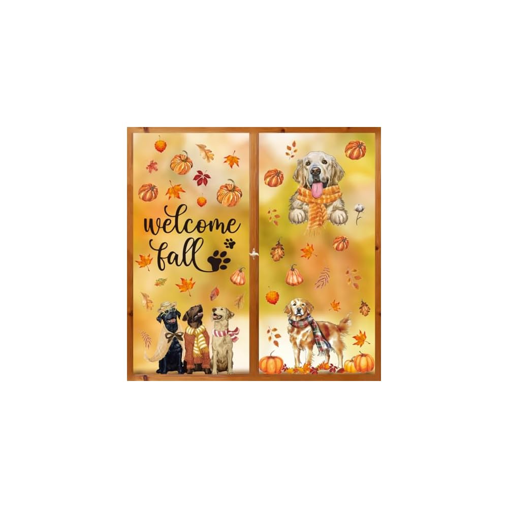 74Pcs Fall Thanksgiving Window Clings, Dog Pumpkin
