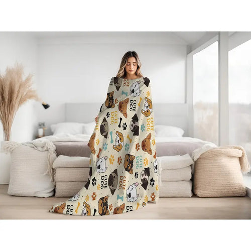 #43 Cartoon Printed Throw Blanket - 100% Polyester, Cute Dog Breeds, Paw Prints, Bones, Soft Cozy Warm, Machine Washable, Blanket for Bed