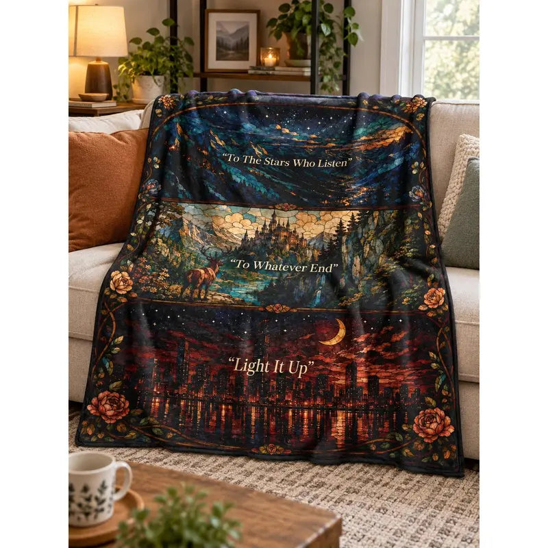 SJM Universe Mashup Throw Blanket - Bookish Gifts for Fantasy Readers - ACOTAR Throne of Glass Crescent City Merch - To The Stars Who Listen Quote Fleece Blanket