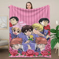 Ouran High School Host Club Full Host Group Cartoon Flannel Blanket - Pink Vertical Stripe, 7 Main Characters, Red Rose Border, Cozy Fleece, Soft Fleece, Stain Resistant, Indoor Use, Shoujo Anime Fan Gift, Pastel Pink Bedroom Decor