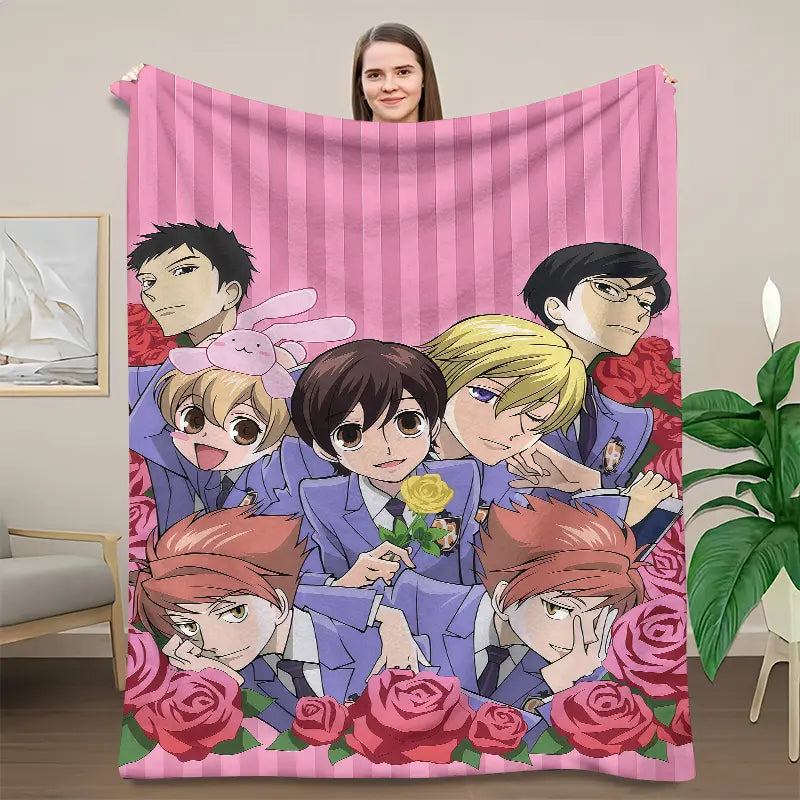 Ouran High School Host Club Full Host Group Cartoon Flannel Blanket - Pink Vertical Stripe, 7 Main Characters, Red Rose Border, Cozy Fleece, Soft Fleece, Stain Resistant, Indoor Use, Shoujo Anime Fan Gift, Pastel Pink Bedroom Decor