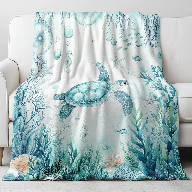 Sea Turtle Soft Fluffy Lightweight Flannel Blanket - Christmas Thanksgiving Holiday Theme, 1-Sided Print with Plain White Back, Bed Sofa Chair Cozy Use, Festive Adult Gift